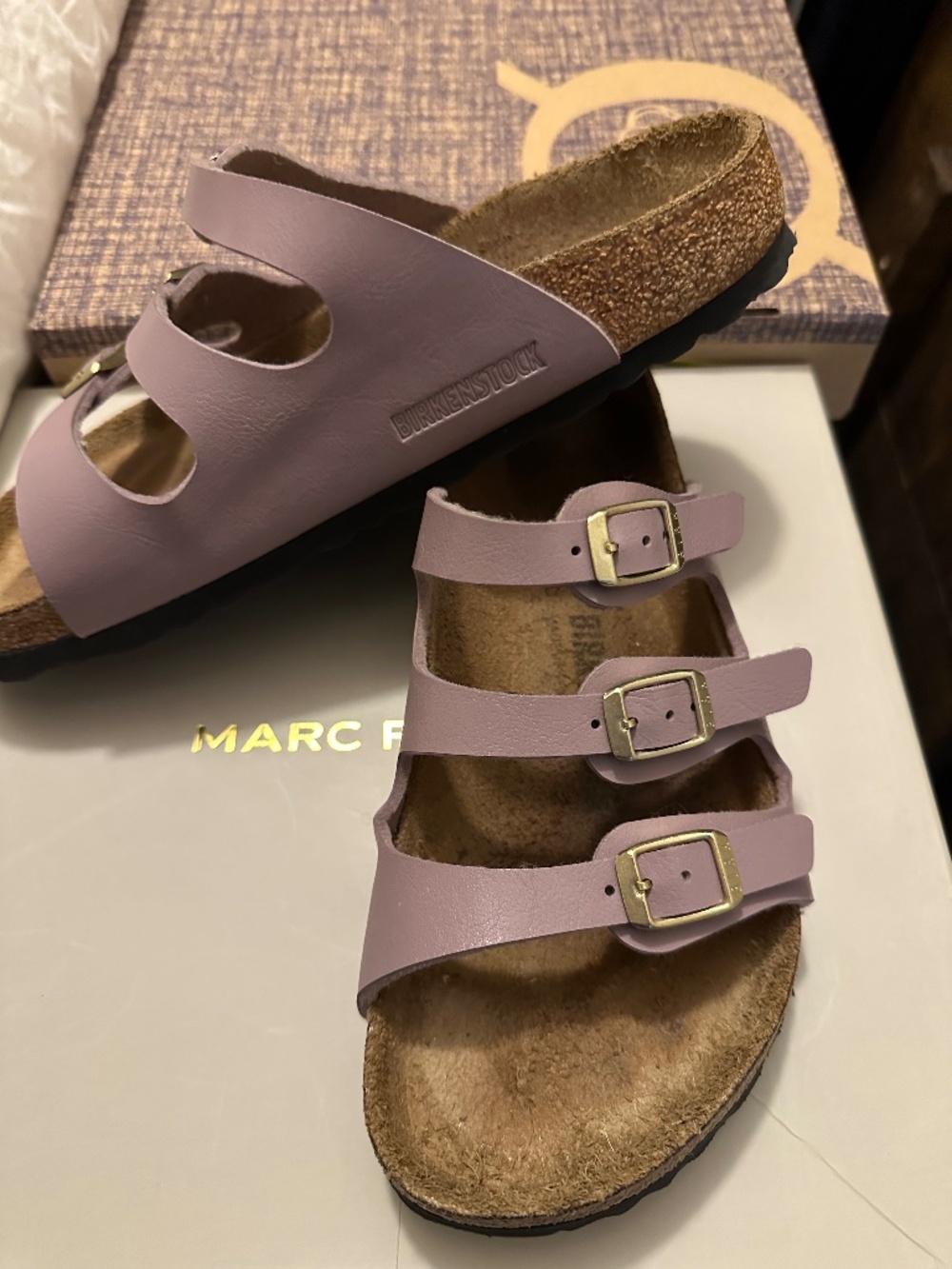 Three Strap Birkenstock Lavender/ Gold